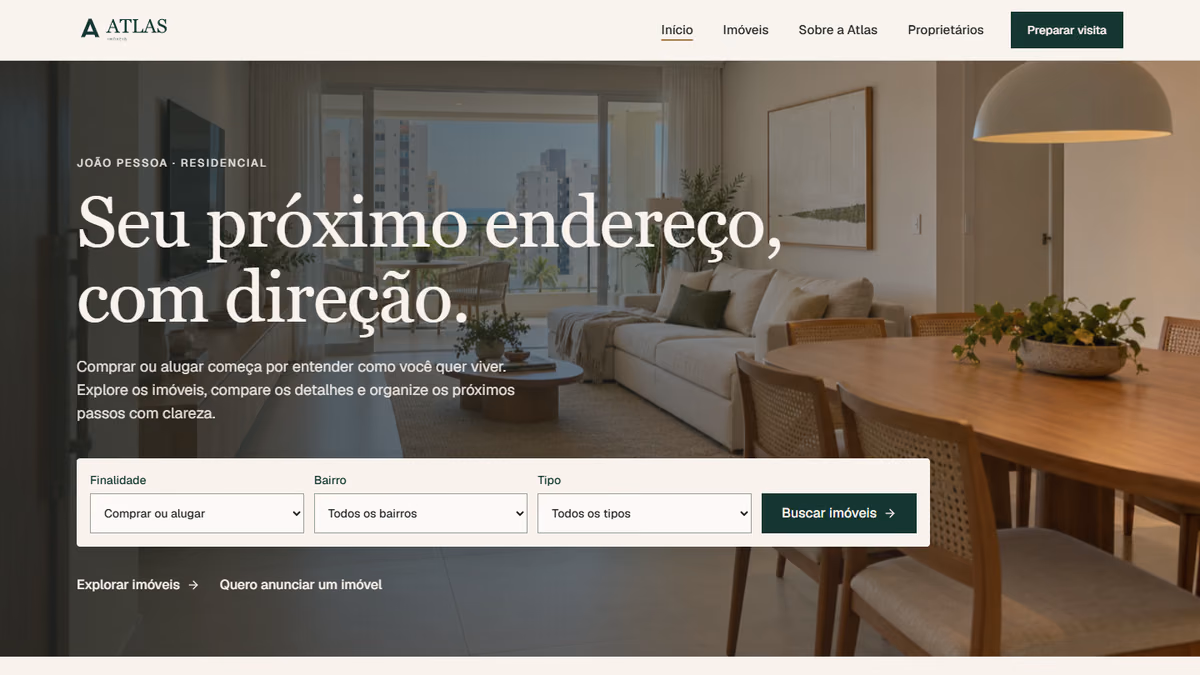 Website Atlas Imóveis com busca e catálogo de imóveis.